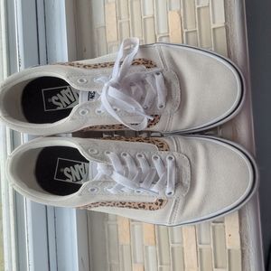 Vans Old Skool Lace Up Cream White Suede with leopard print accent